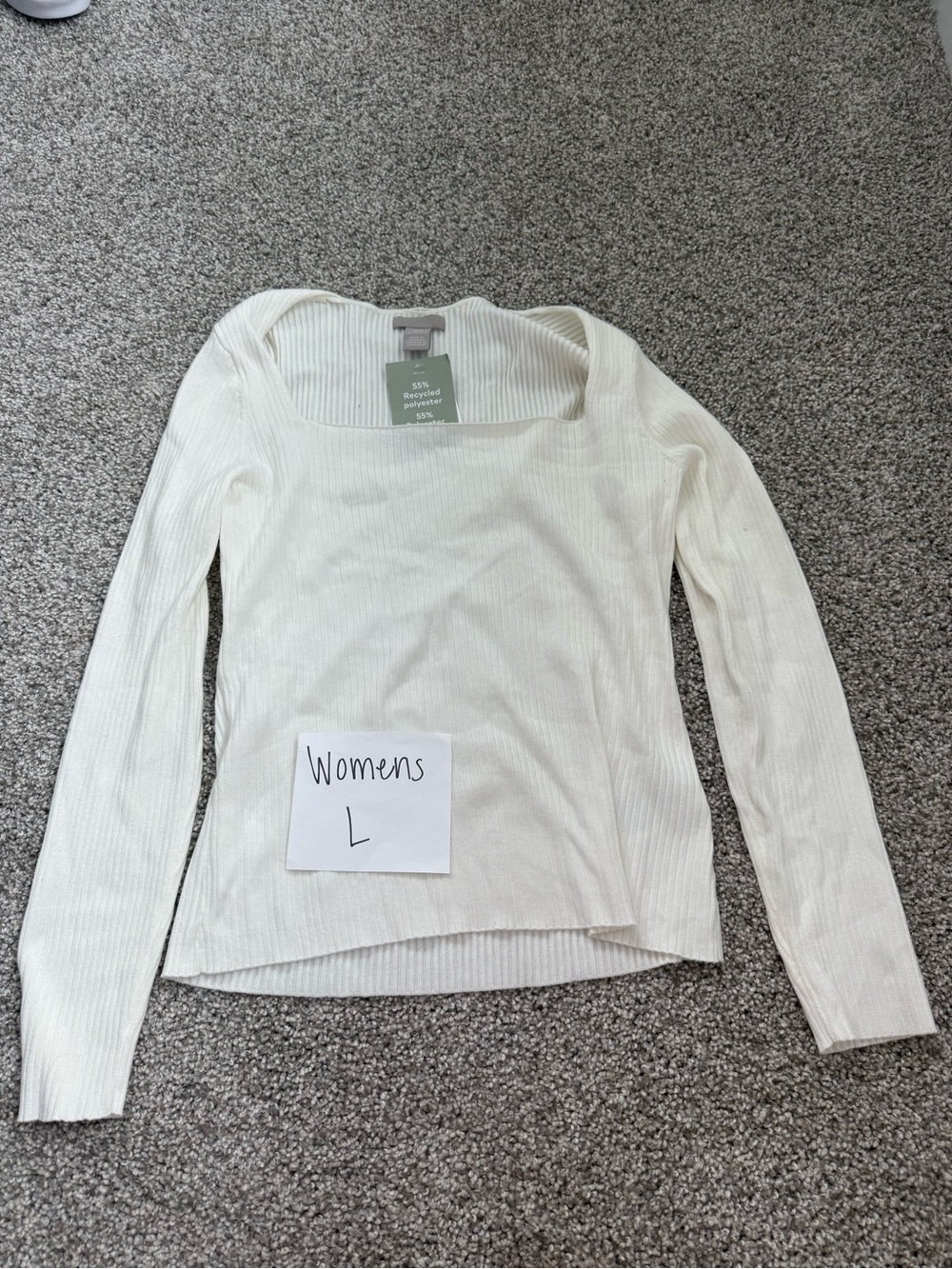 H&M Cream Ribbed Square Neck Long Sleeve Top